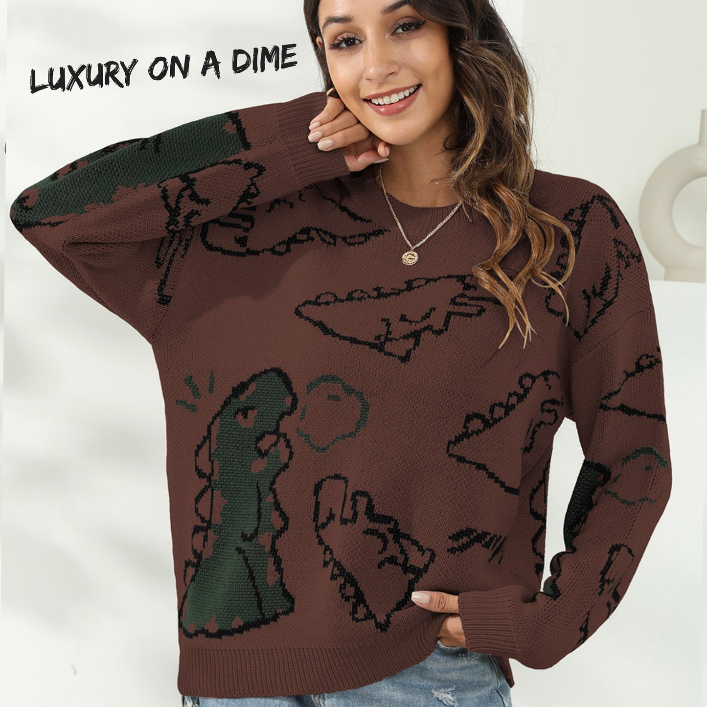 Knit Dinosaur Print Round Neck Long Sleeve Oversized Fun Pullover Sweater