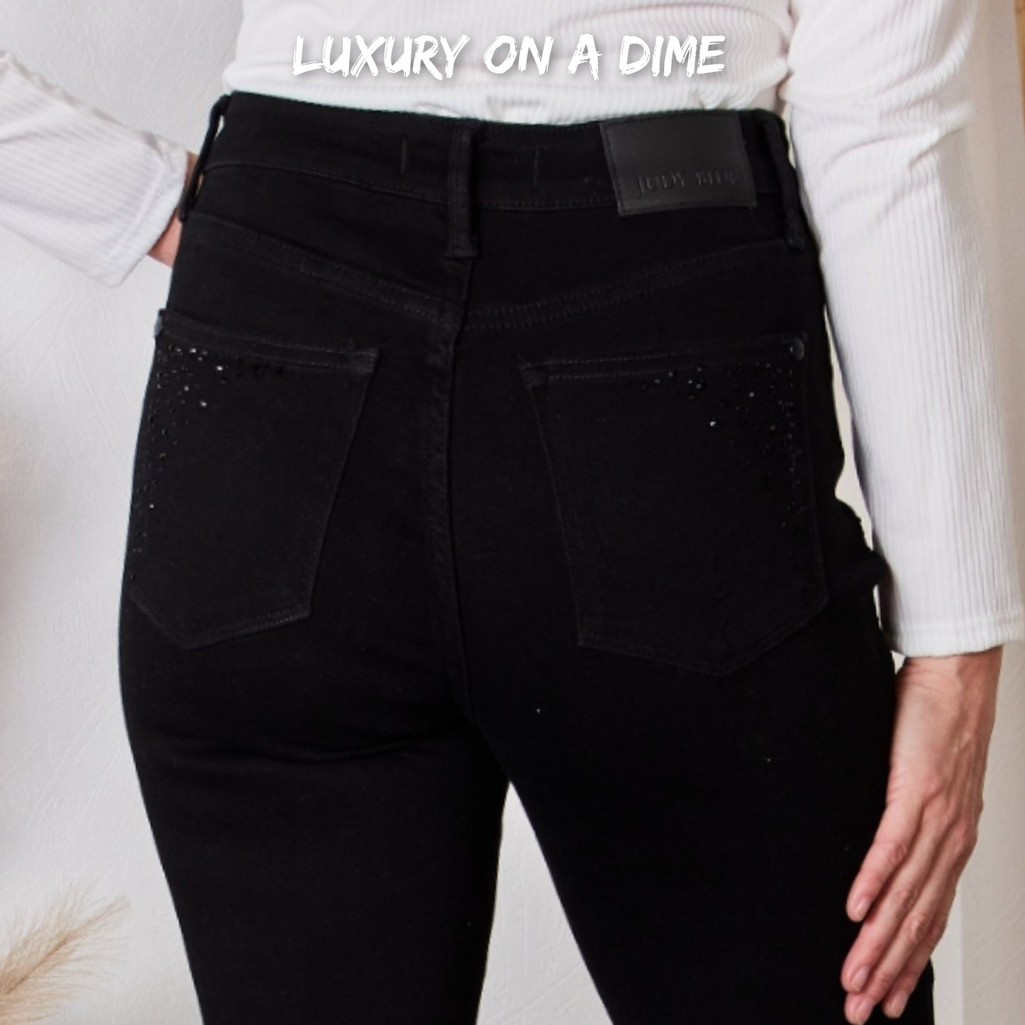 Black Rhinestone Accent Skinny Slim Fit Denim High Rise Waist Jean Pants