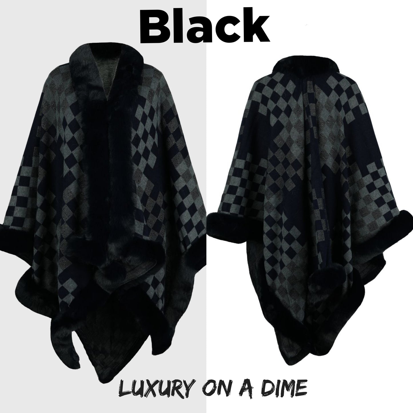 Large Plush Faux Fur Heavy Checker Pullover Oversized Sweater Jacket Poncho