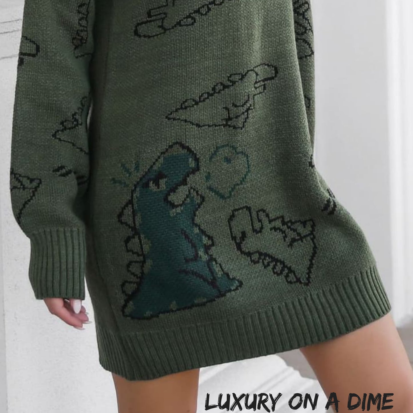Dinosaur Knit Sweater Dress Round Neck Playful Long Sleeve Oversized Mini Pullover Fun Print