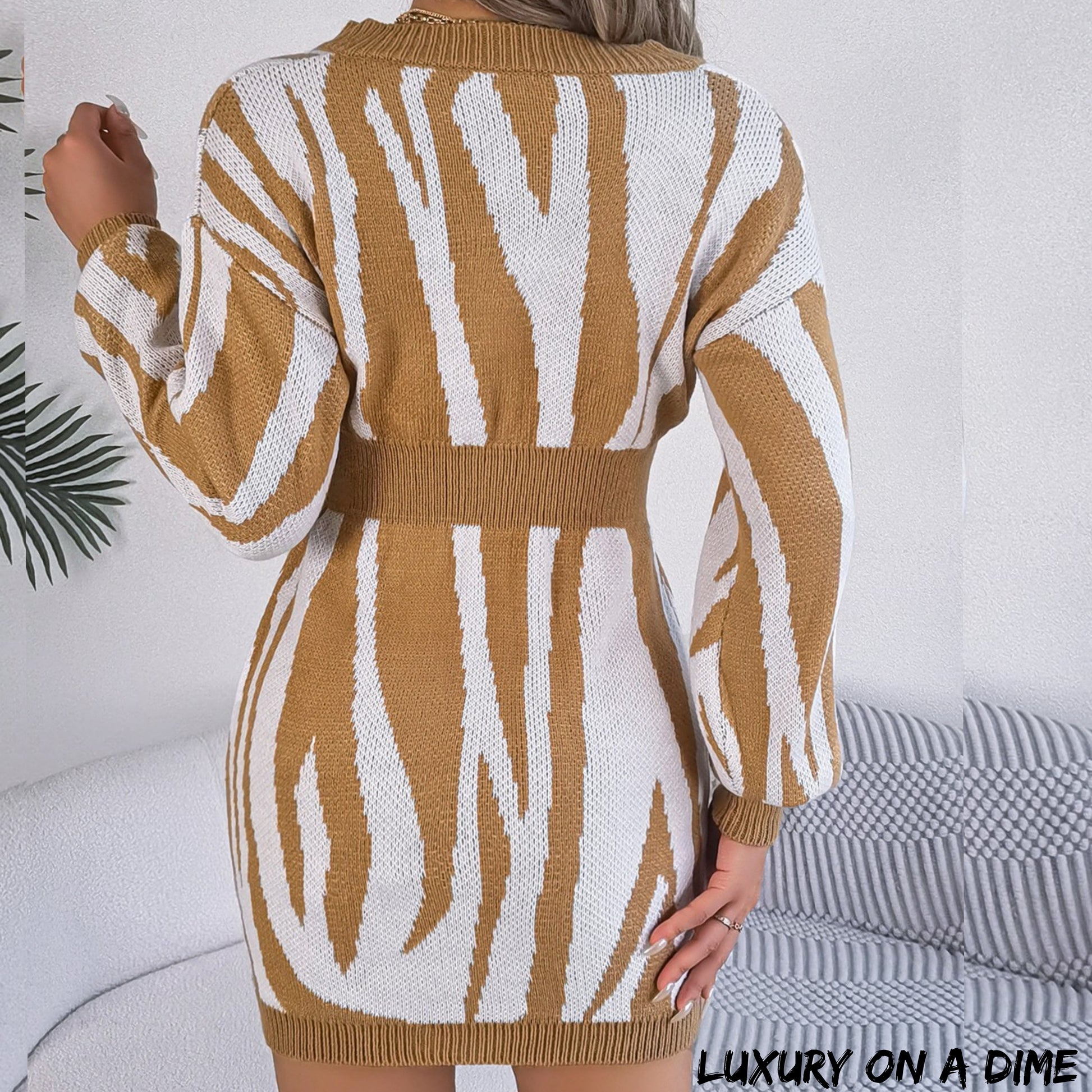 Zebra Knit Sweater Dress Round Neck Playful Animal Print Long Sleeve Mini Tan / S Zebra Knit Sweater Dress Round Neck Playful Animal Print Long Sleeve Mini Tan / S