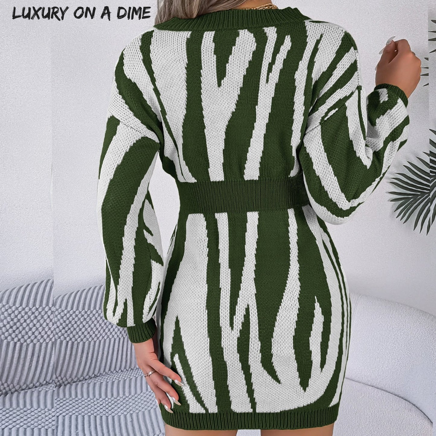 Zebra Knit Sweater Dress Round Neck Playful Animal Print Long Sleeve Mini
