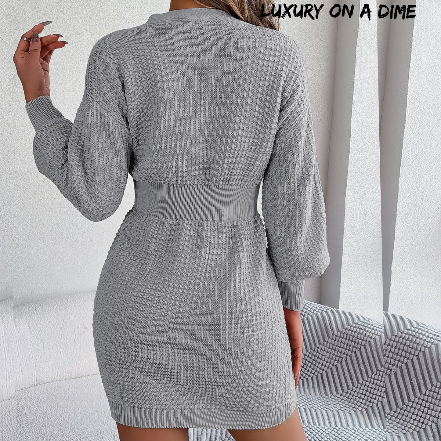 Cable Waffle Knit Blend Sweater Dress Buttoned V-neck Long Sleeve Mini