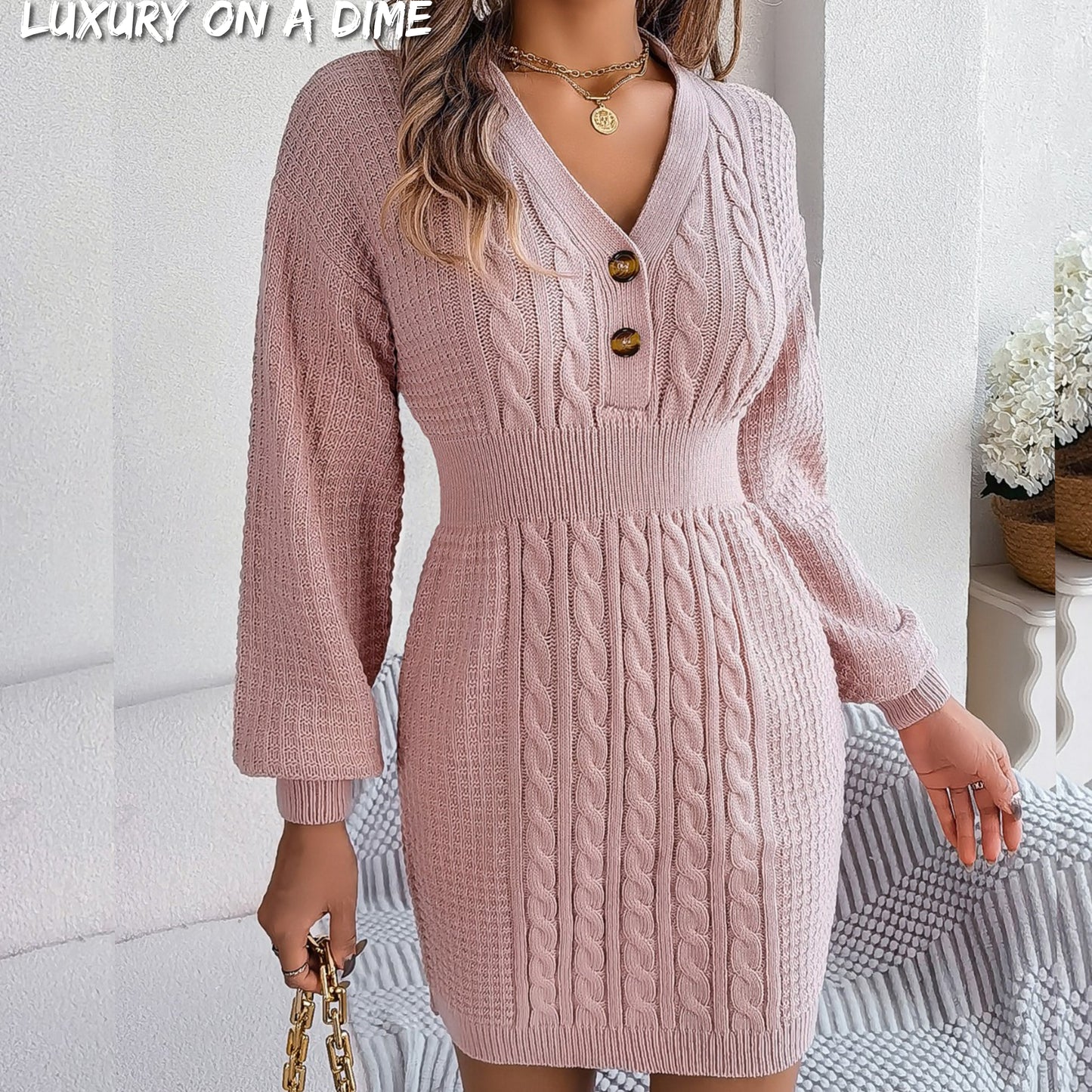 Cable Waffle Knit Blend Sweater Dress Buttoned V-neck Long Sleeve Mini