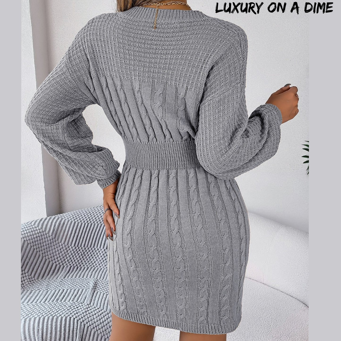 Keyhole Cable Waffle Knit Blend Cut-out Round Neck Long Sleeve Mini Sweater Dress
