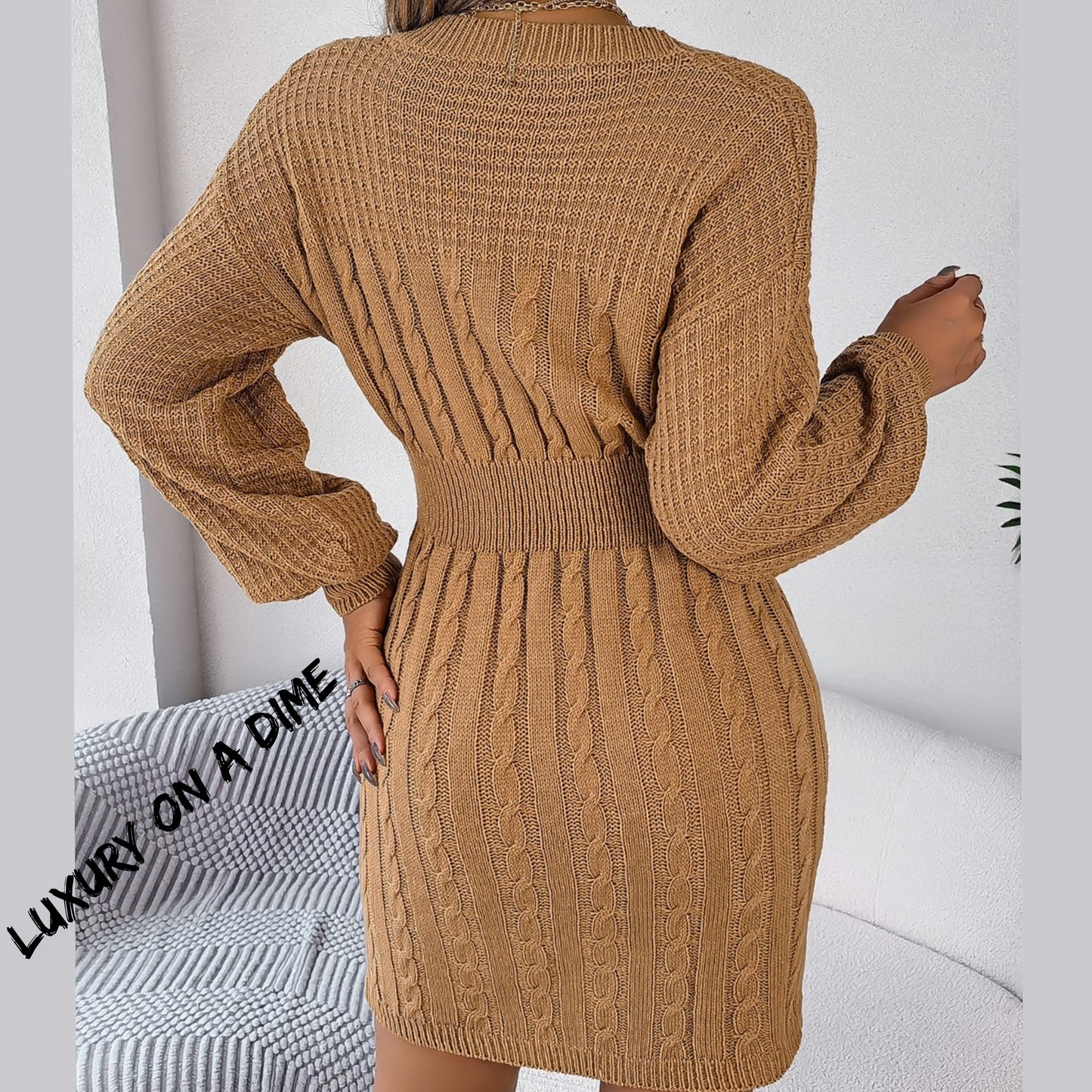 Keyhole Cable Waffle Knit Blend Cut-out Round Neck Long Sleeve Mini Sweater Dress