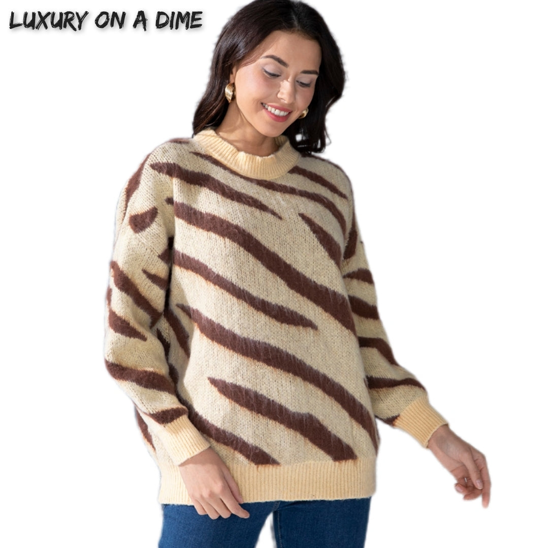 Zebra Stripe Animal Print Long Sleeve Round Neck Oversized Sweater Shirt