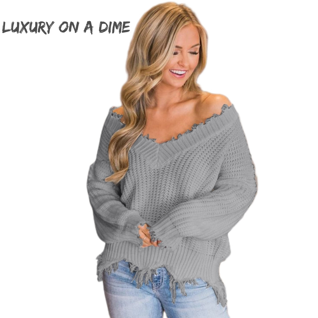 Distressed Raw Hem Off Shoulder Wide Neck Long Sleeve Waffle Knit Sweater Shirt