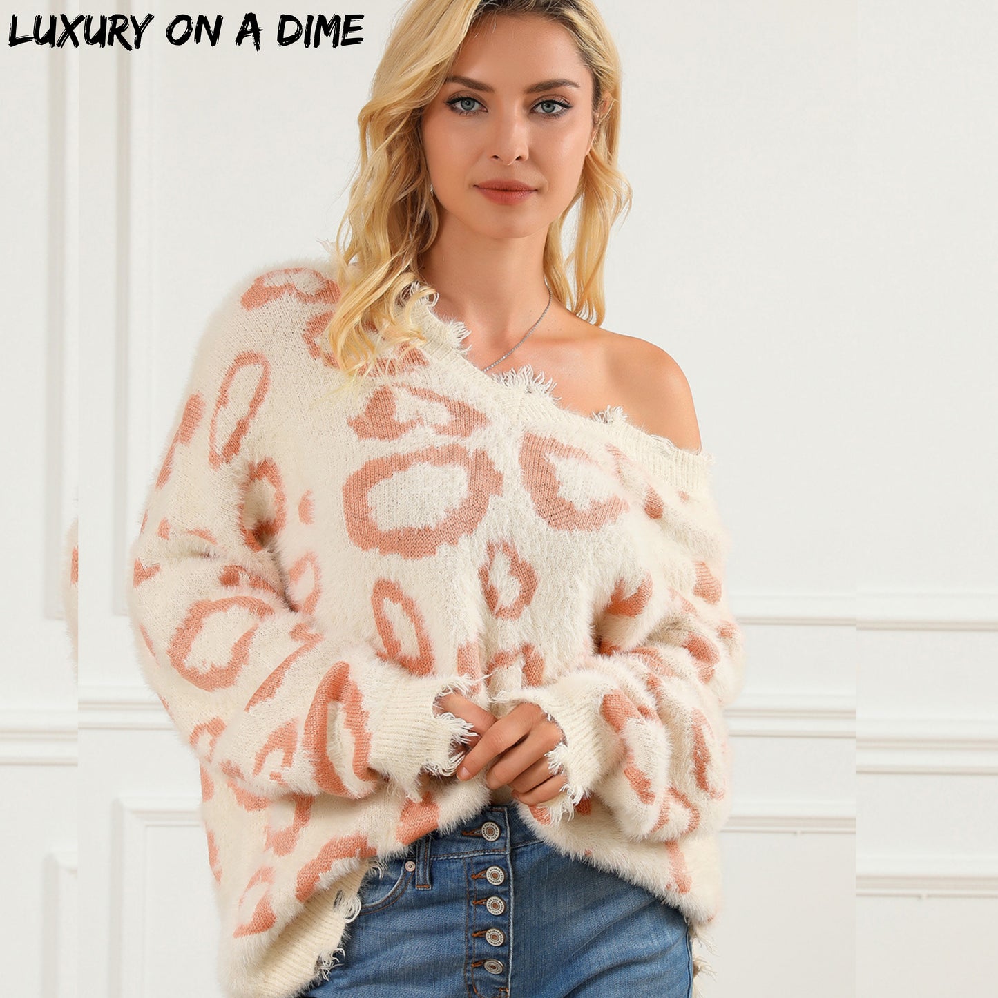 Fuzzy Oversized Leopard Distressed Raw Hem Off Shoulder Wide Neck Knit Sweater Heavy Shirt