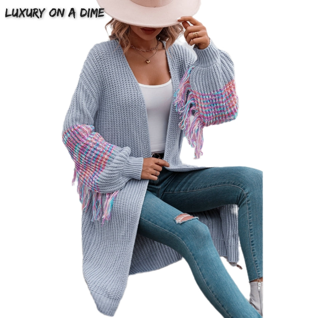 Fringe Sleeve Retro Waffle Knit Longline Cardigan Colorful Open Front Sweater Duster