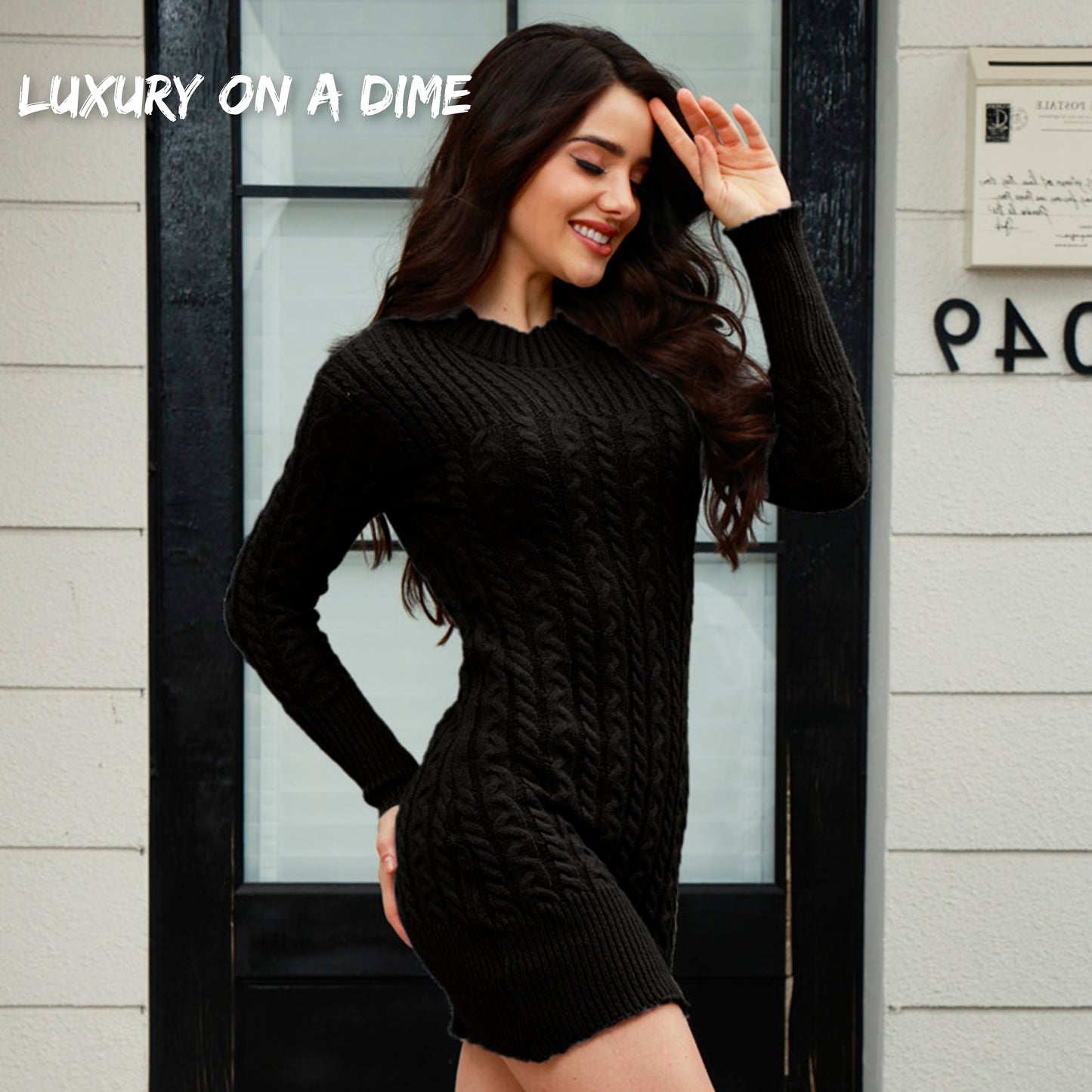 Thick Cable Knit Cotton Blend Round Neck Long Sleeve Bodycon Mini Sweater Dress