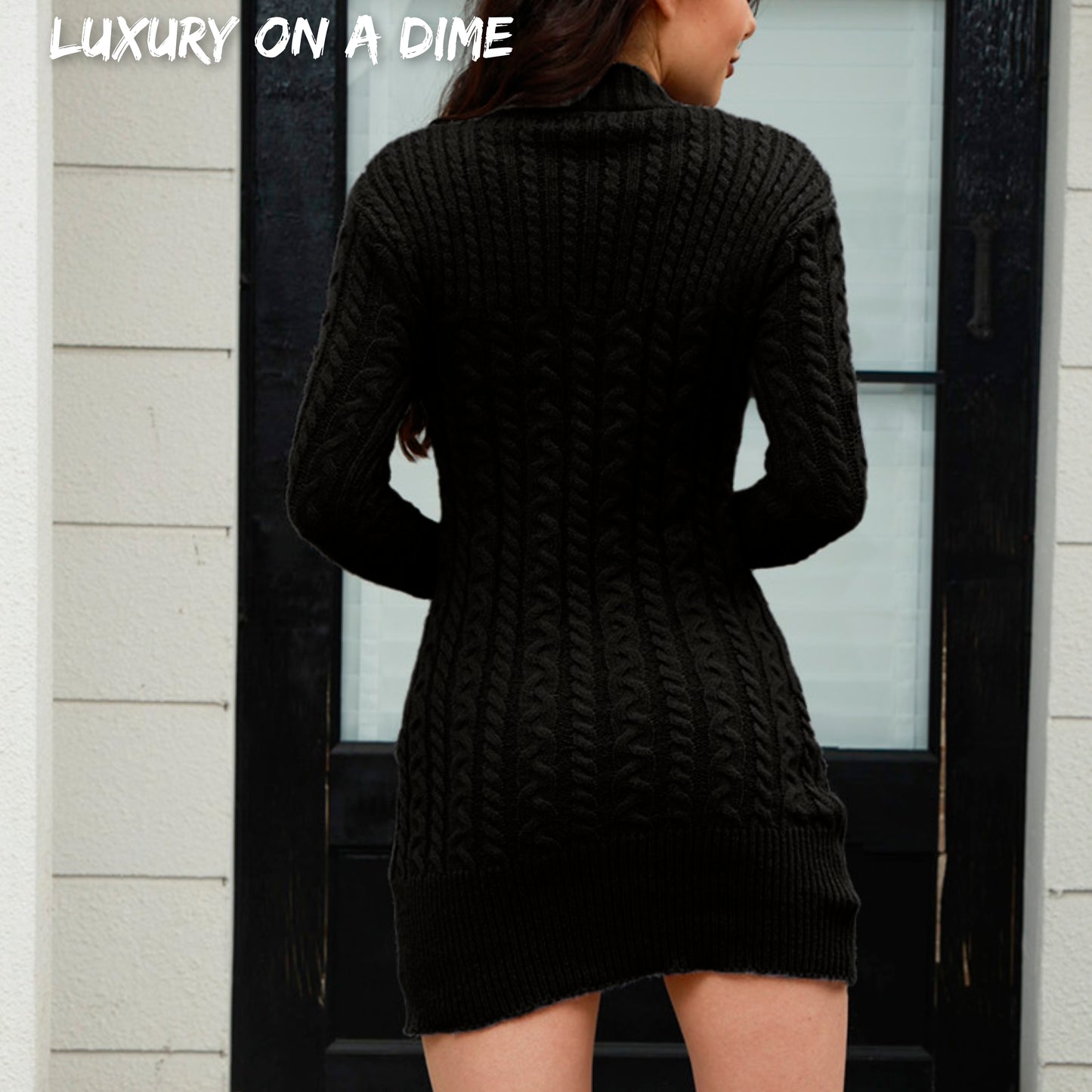 Thick Cable Knit Cotton Blend Round Neck Long Sleeve Bodycon Mini Sweater Dress