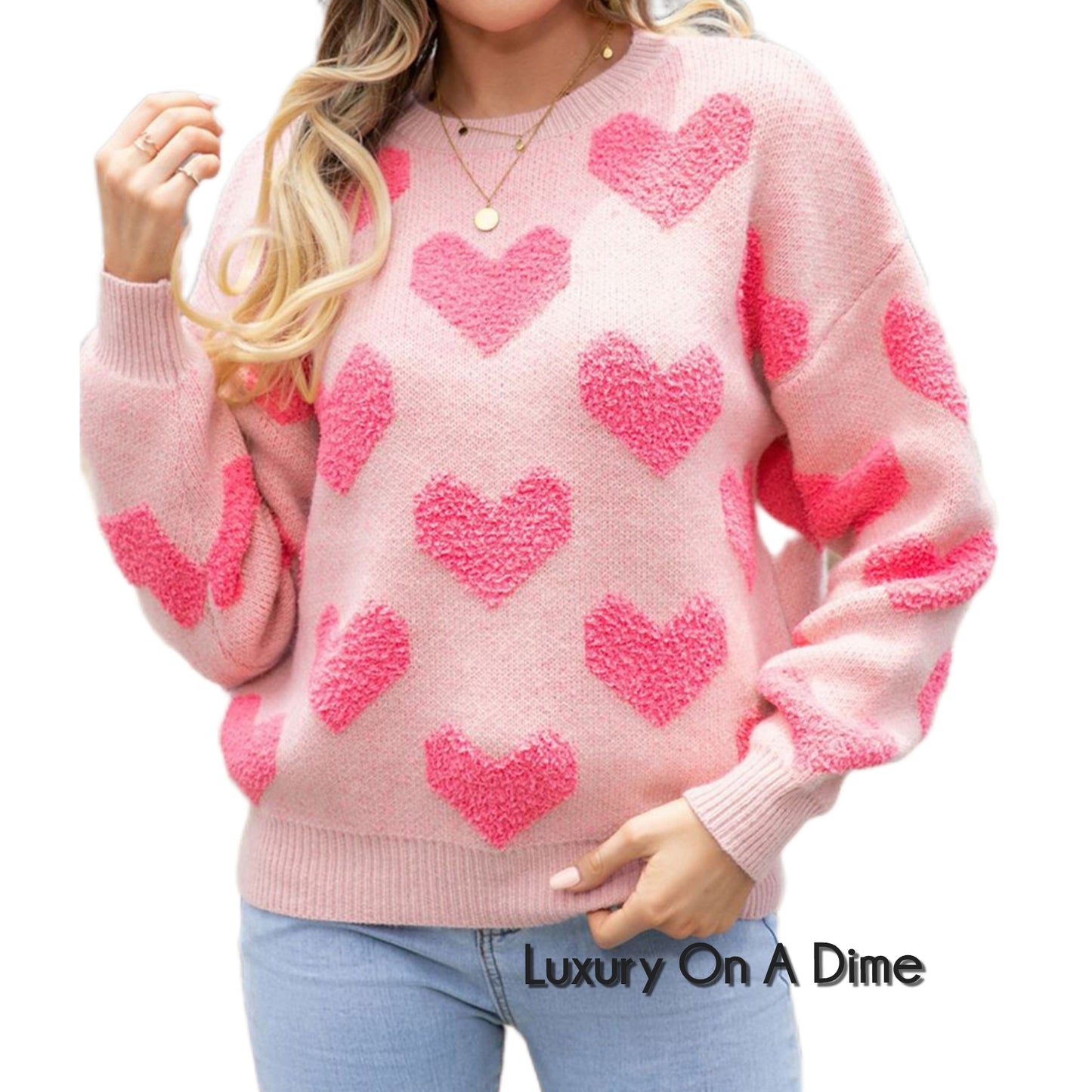 Fuzzy Knit Heart Valentine's Classic Round Neck Pullover Long Sleeve Sweater