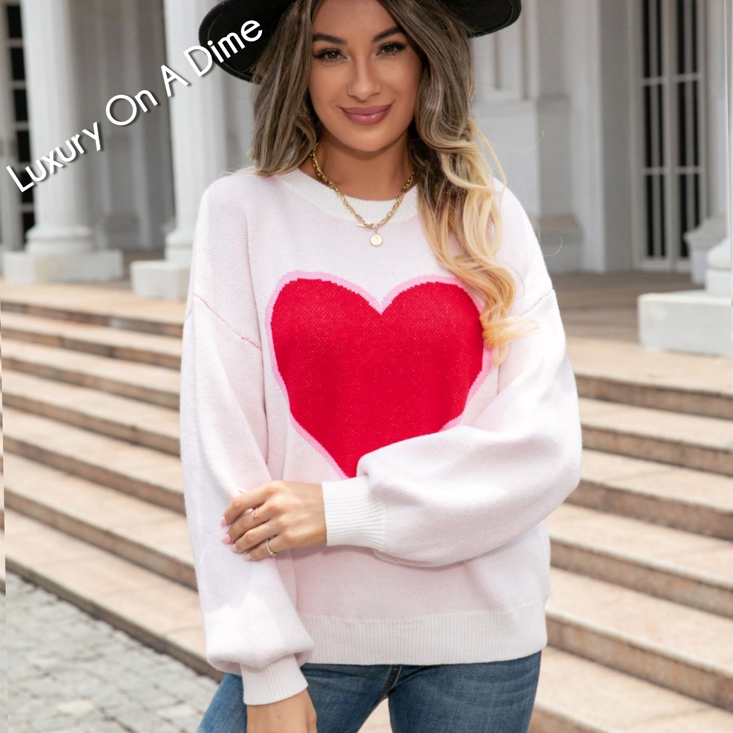Knit Heart Contrasting Classic Round Neck Pullover Top Long Sleeve Sweater Shirt