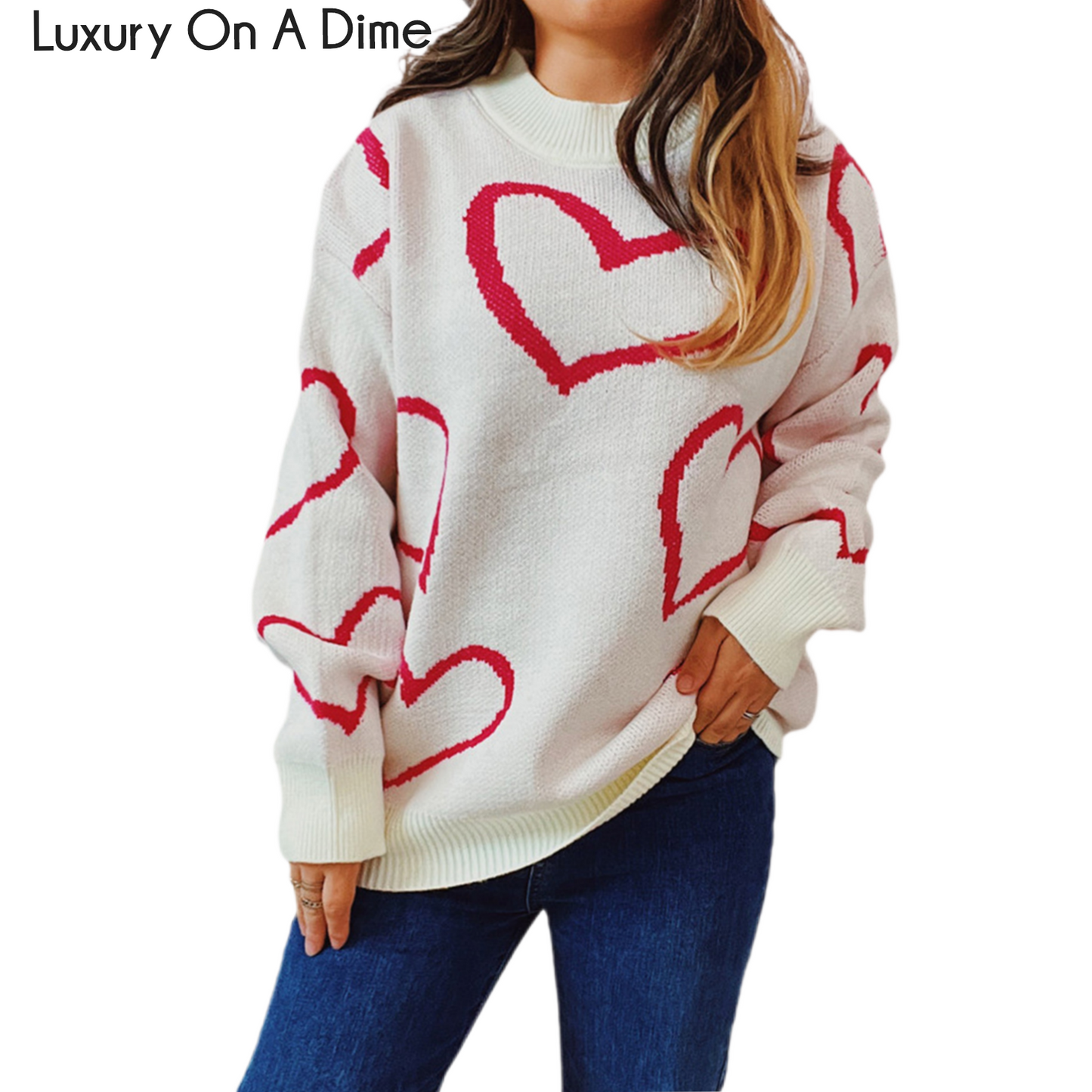 Knit Heart Color Contrasting Classic Long Sleeve Round Neck Pullover Sweater Top