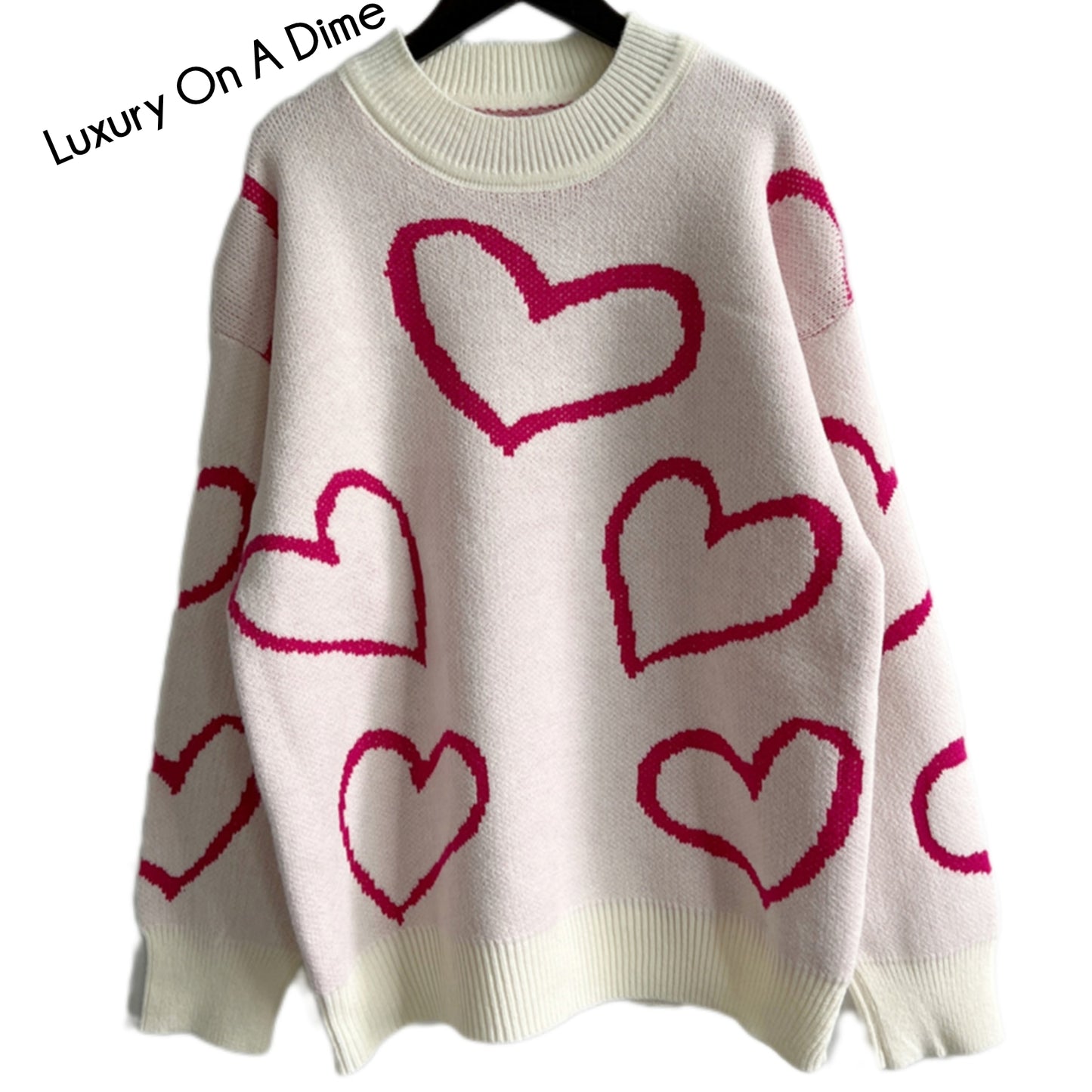 Knit Heart Color Contrasting Classic Long Sleeve Round Neck Pullover Sweater Top