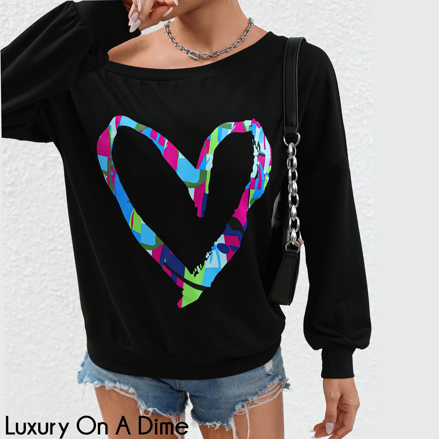 Colorful Heart Graphic Tee Long Sleeve Off Shoulder Boat Neck Pullover Shirt
