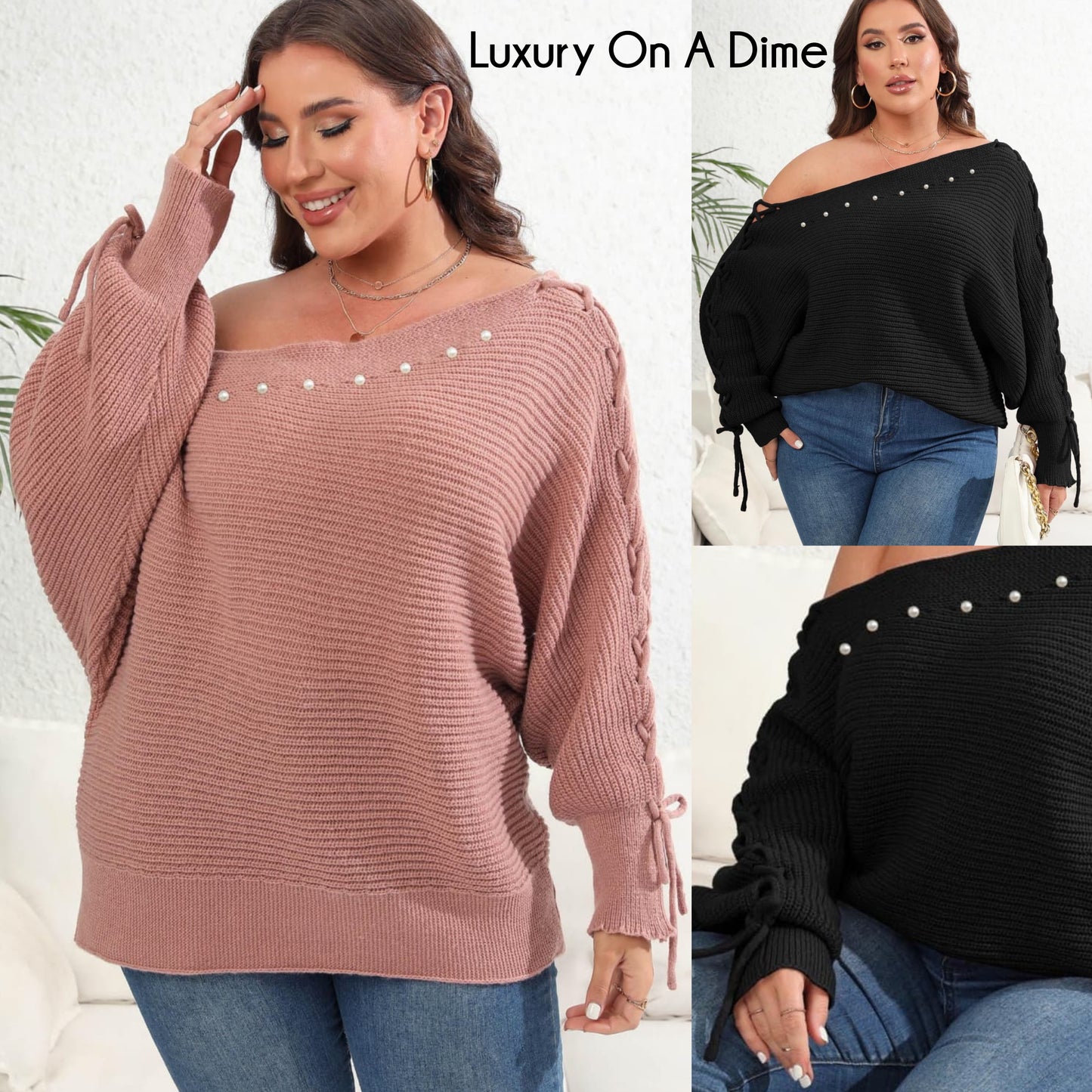 Beaded Pearl Lace Up Sleeve Off Shoulder Asymmetrical Boat Neck Sweater Plus Size Only