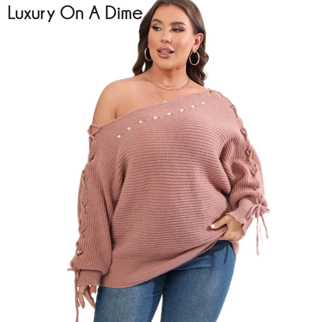 Beaded Pearl Lace Up Sleeve Off Shoulder Asymmetrical Boat Neck Sweater Plus Size Only