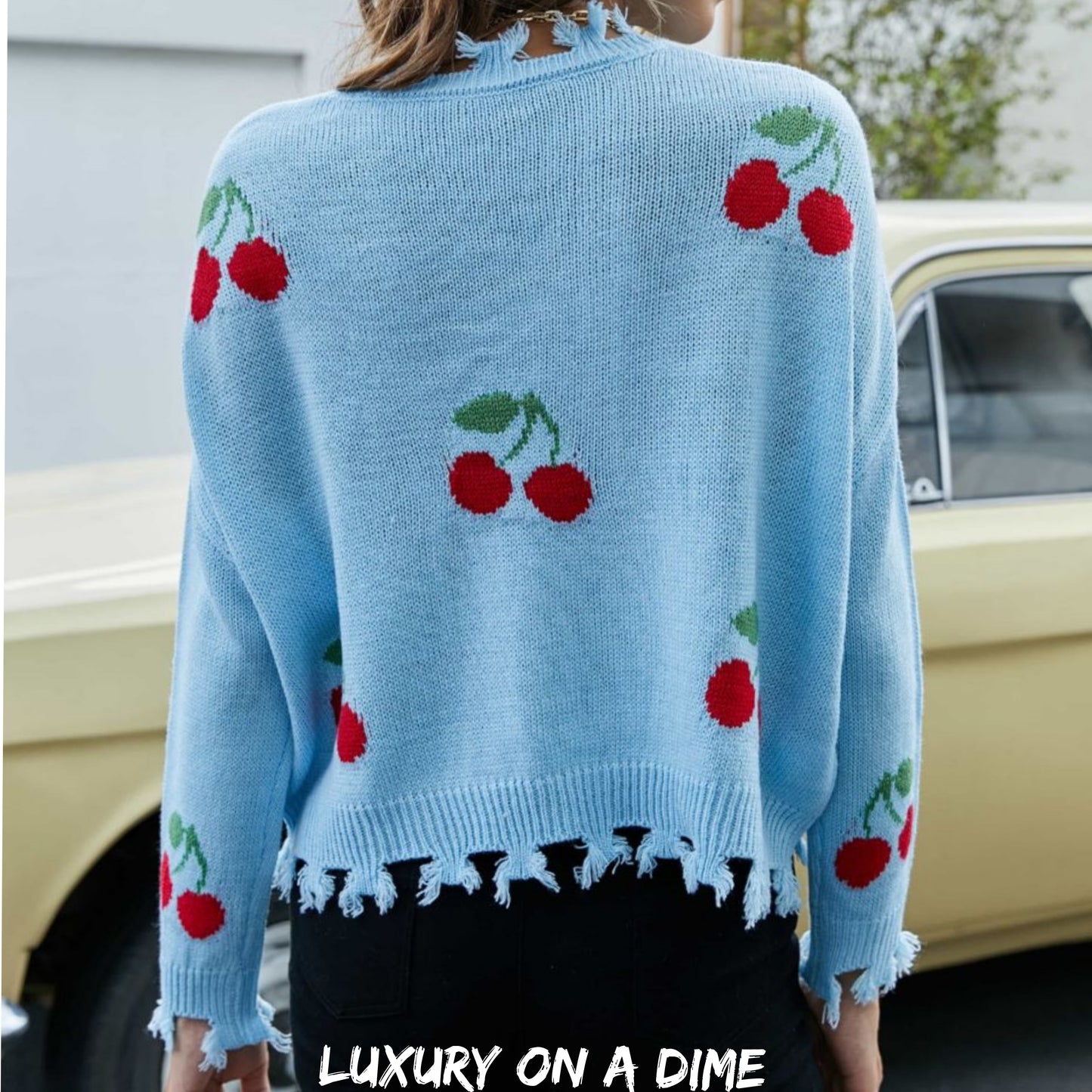 Cherry Crop Top Long Sleeve Raw Hem Knit Pullover Sweater (3 colors available)