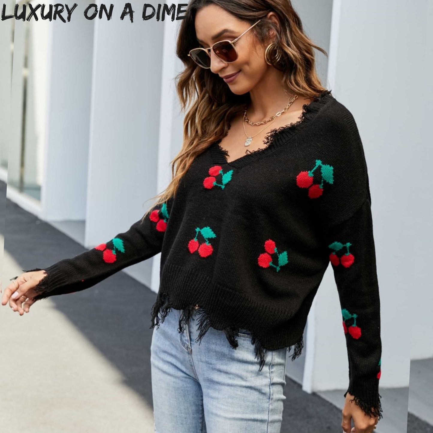 Cherry Crop Top Long Sleeve Raw Hem Knit Pullover Sweater (3 colors available)