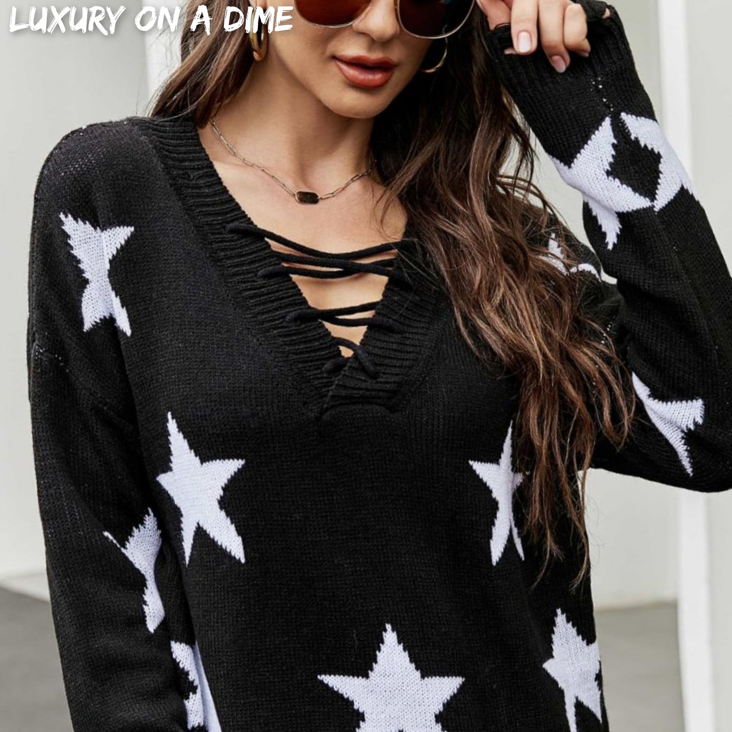 Star Print Distressed Lace Up Tie-back Knit Sweater (2 colors available)