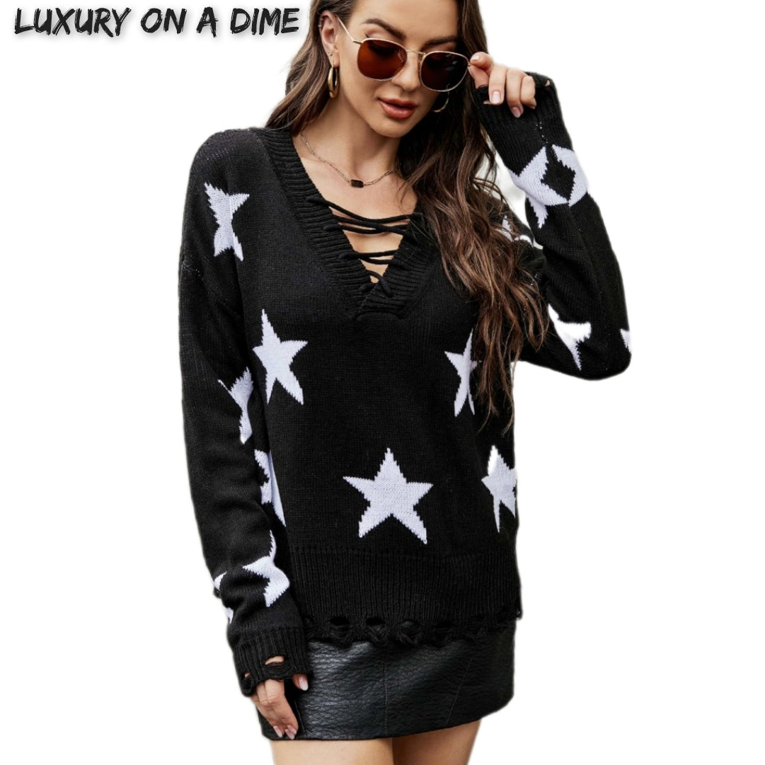 Star Print Distressed Lace Up Tie-back Knit Sweater (2 colors available)