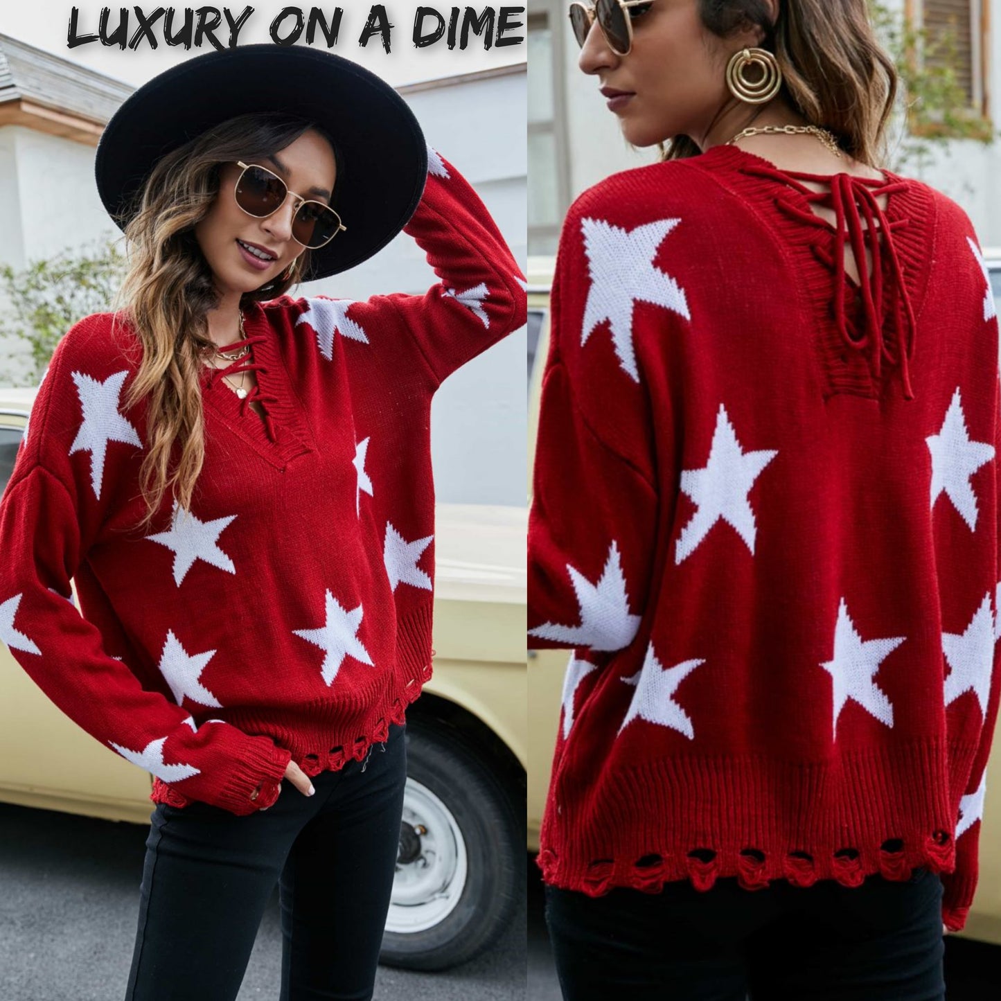 Star Print Distressed Lace Up Tie-back Knit Sweater (2 colors available)