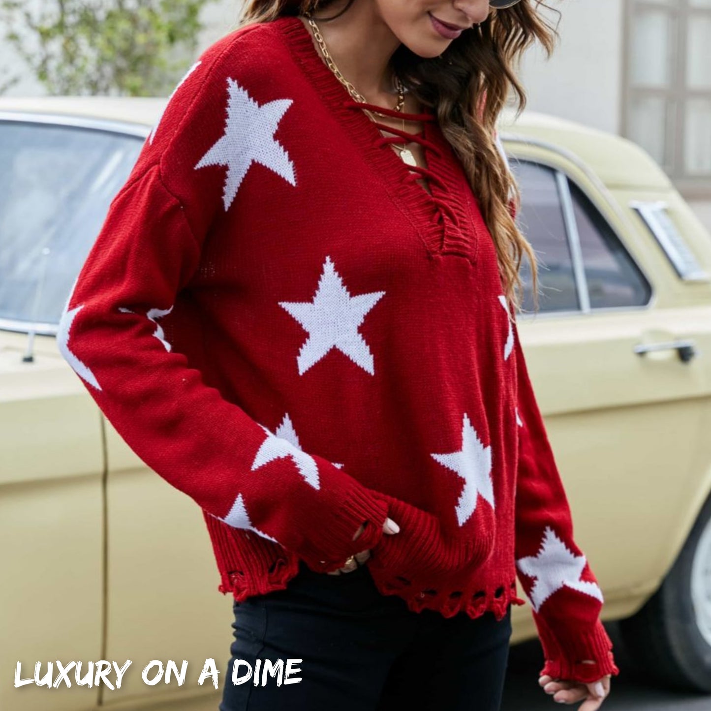 Star Print Distressed Lace Up Tie-back Knit Sweater (2 colors available)