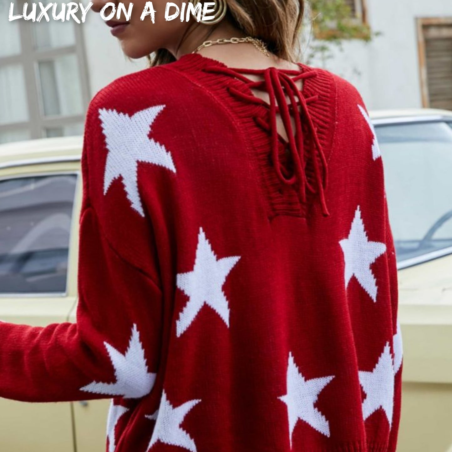 Star Print Distressed Lace Up Tie-back Knit Sweater (2 colors available)