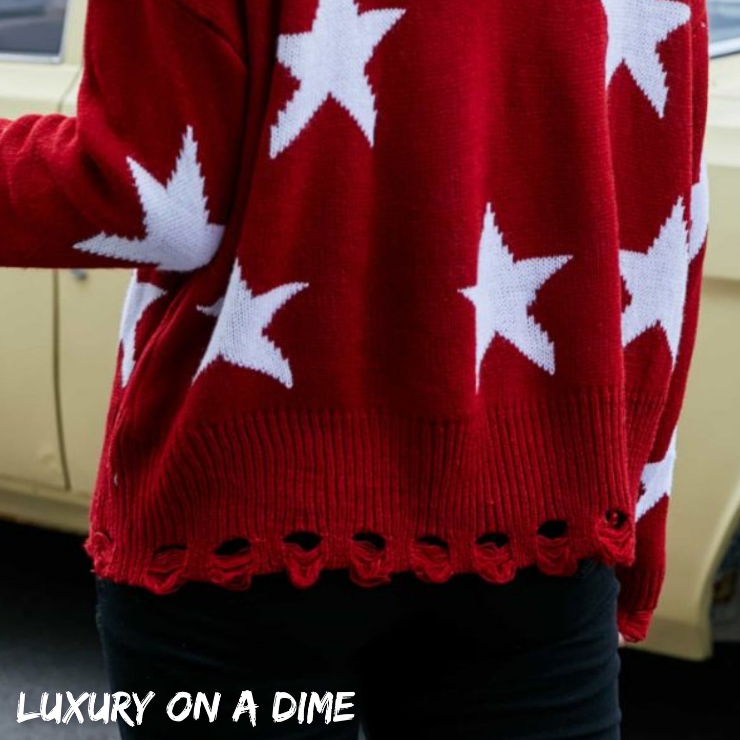 Star Print Distressed Lace Up Tie-back Knit Sweater (2 colors available)