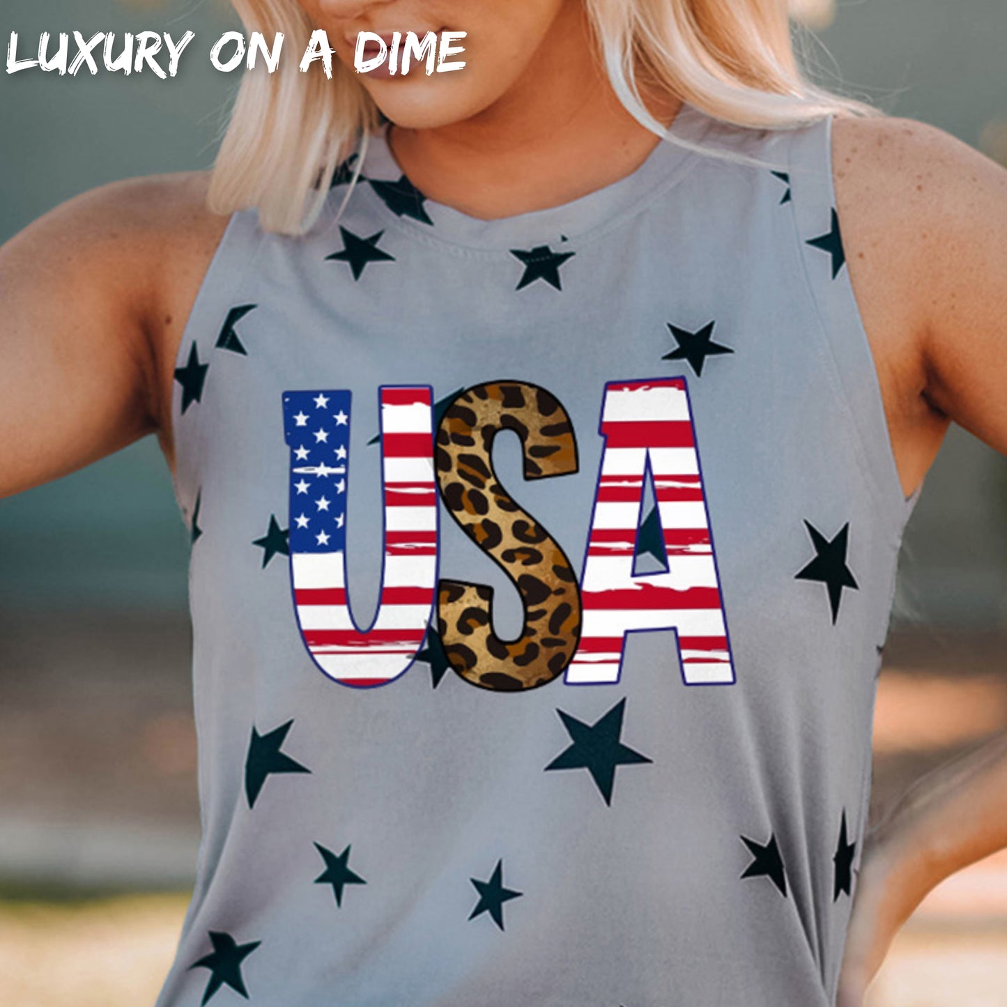 Leopard American Flag USA Star Print Sleeveless Shirt (Plus Size Available)