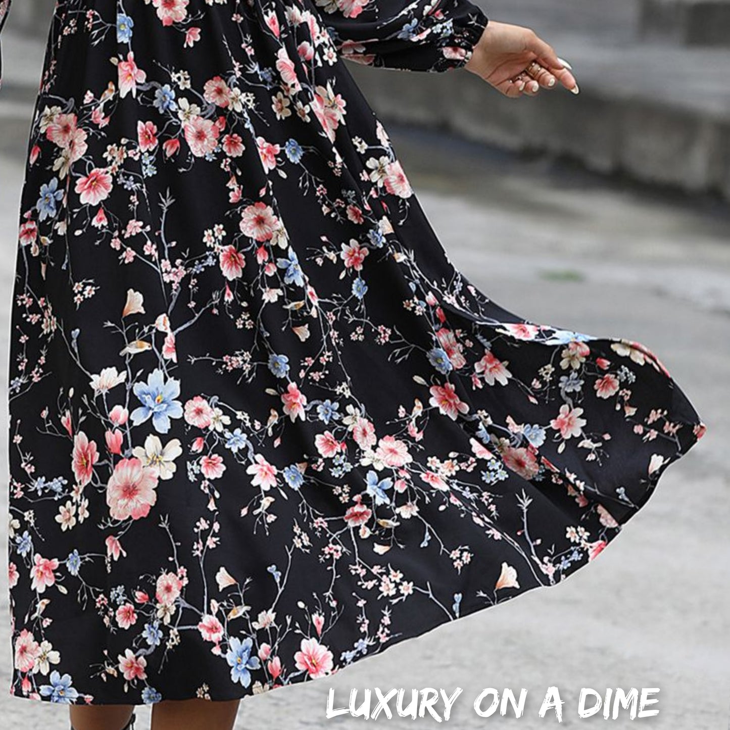 Cherry Blossom Floral Surplice V-Neck Smock Waist Long Sleeve Midi Dress