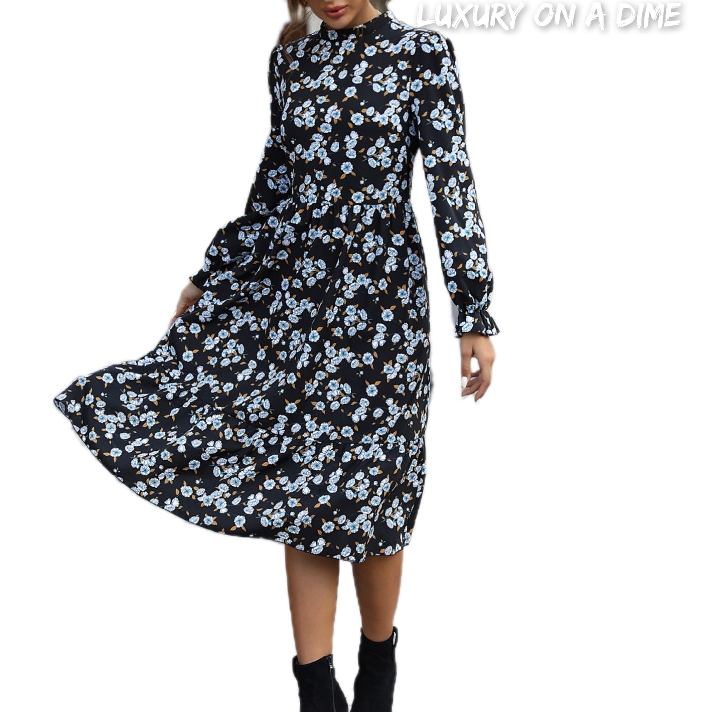 Modest Chic Floral Mock Neck Classy Long Sleeve Farmhouse Midi Dress