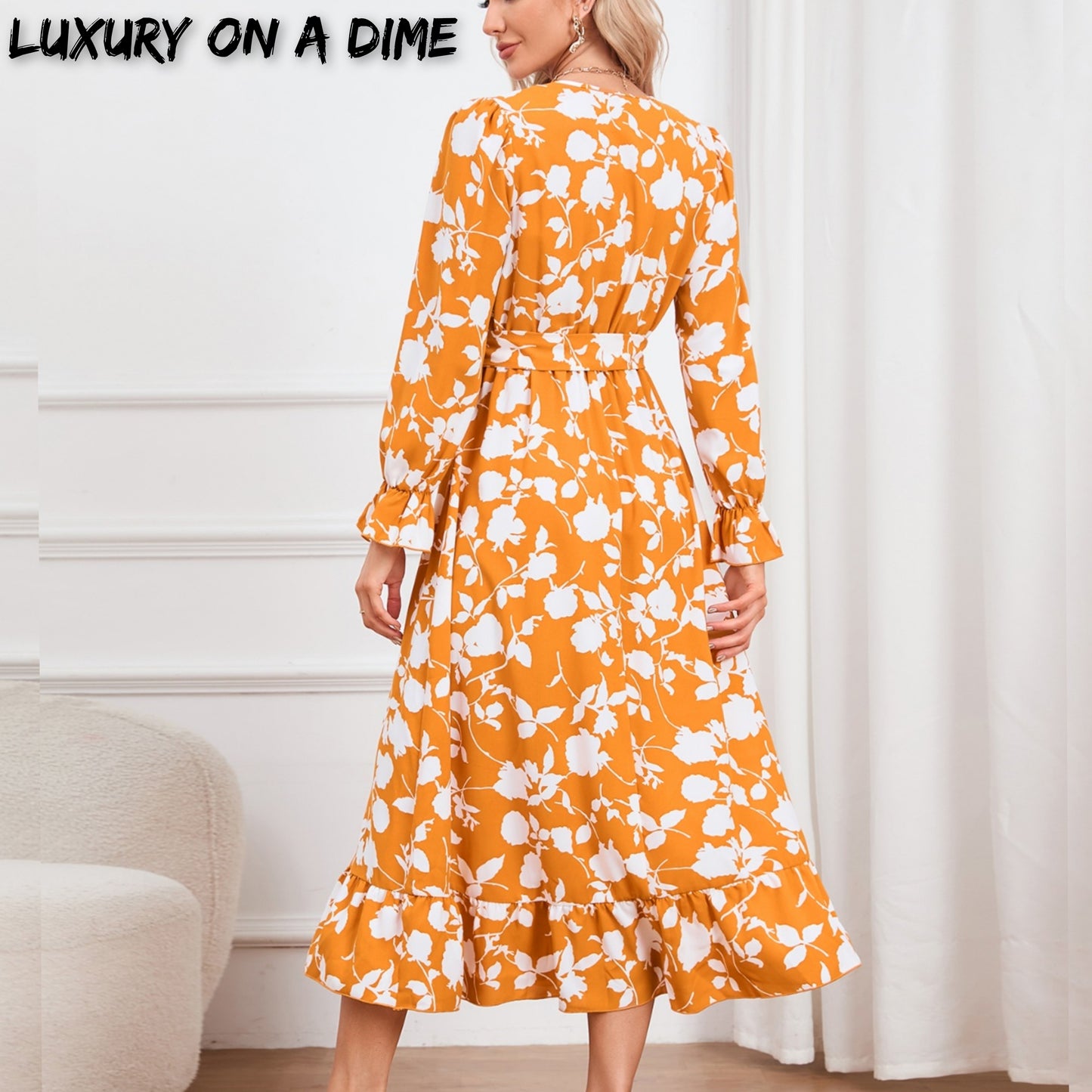 Belted Contrasting Floral Surplice V-neck Long Sleeve Ruffle Hem Midi Dress