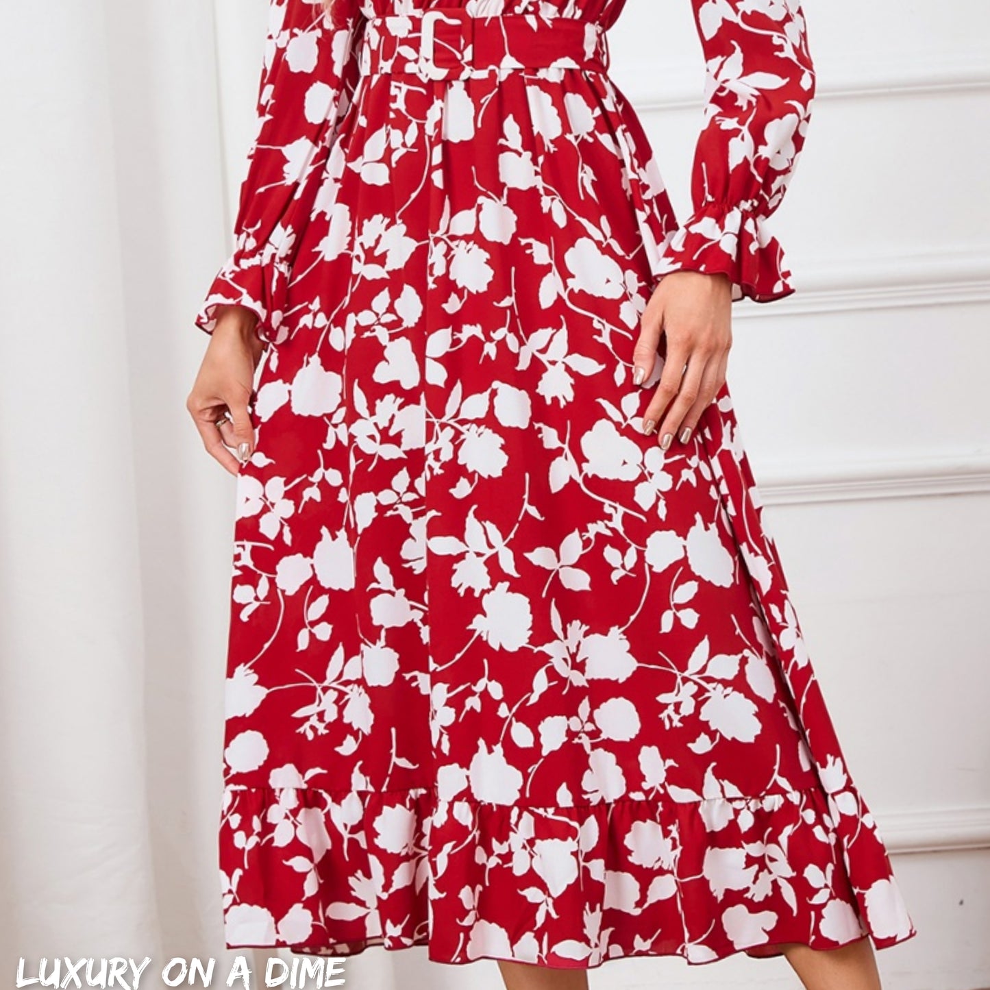 Belted Contrasting Floral Surplice V-neck Long Sleeve Ruffle Hem Midi Dress