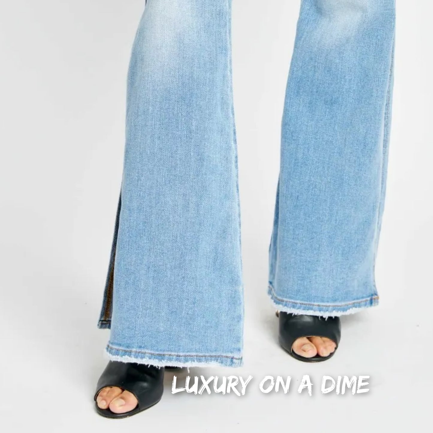 Retro Mid-rise Split Bell Bottom Flare Leg Raw Hem Skinny Judy Blue Jean Pants