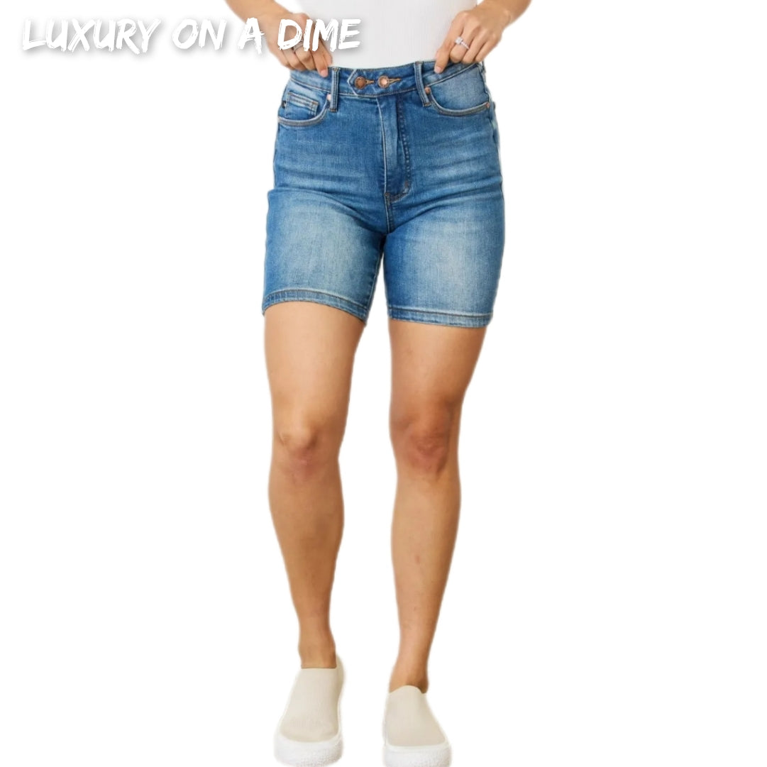 Judy Blue Tummy Control High Rise Retro Double Button Waist Denim Jean Shorts