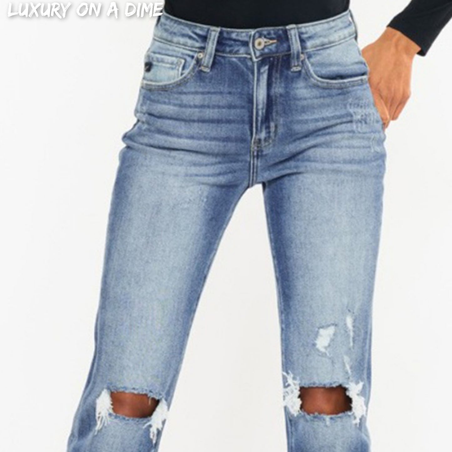 KanCan High-Rise Waist Distressed Denim Cuff Cropped Hem Straight Leg Jean Pants