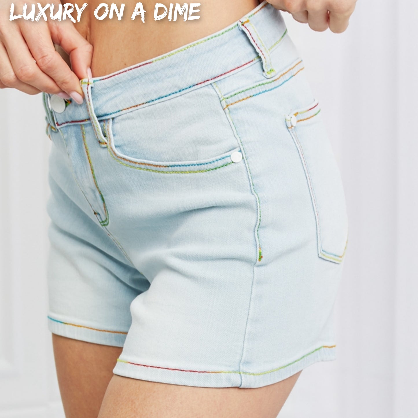 Denim Shorts Judy Blue Retro Colorful Contrasting Rainbow Jean Shorts