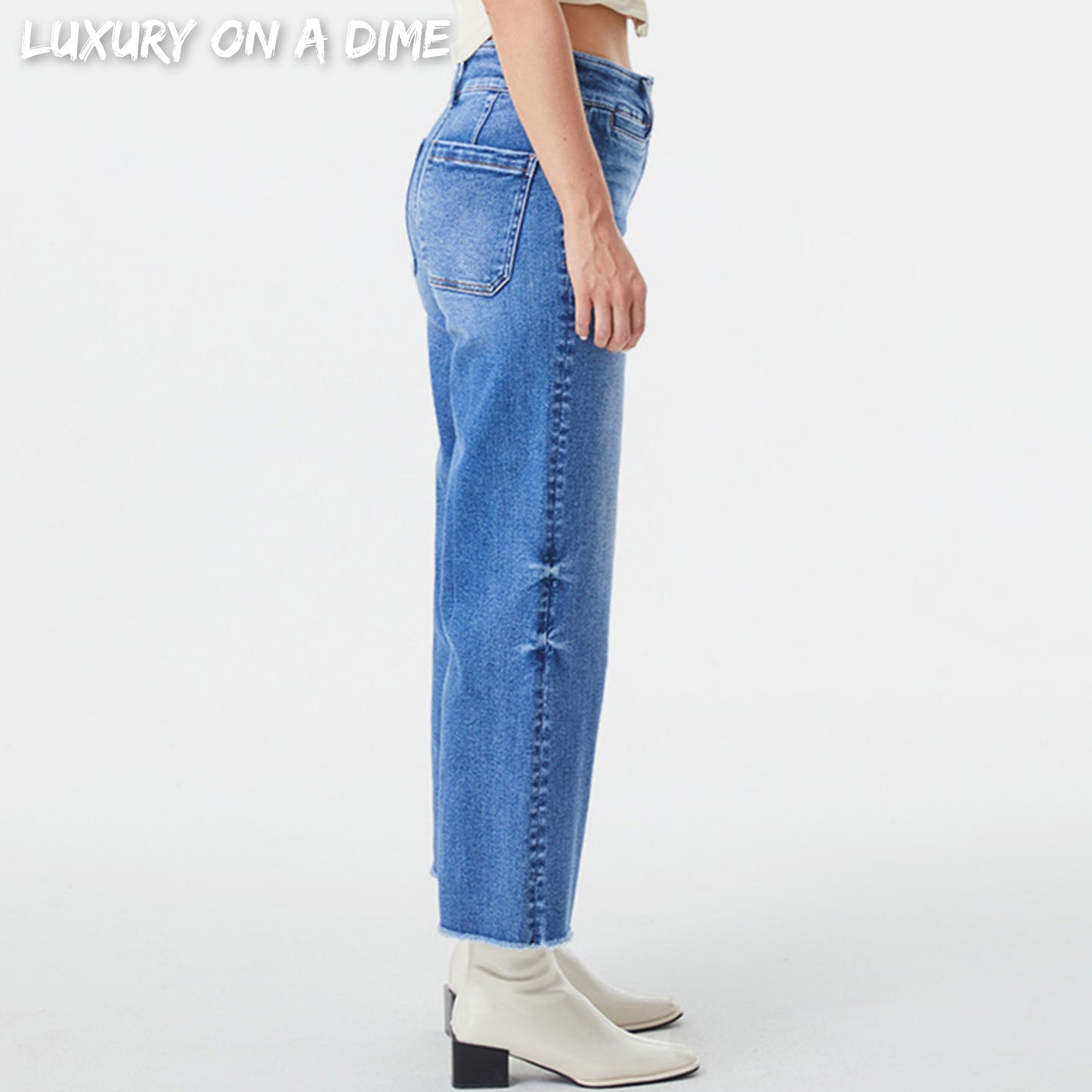 High-Rise Denim Jeans Straight Wide Leg Raw Distressed Torn Hem Retro Pants BAYEAS