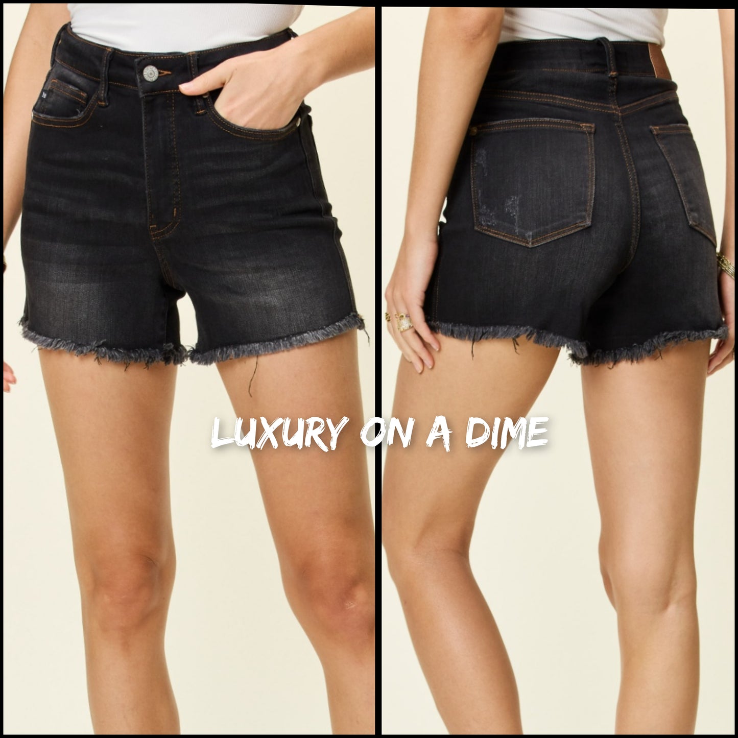 High Rise Tummy Control Denim Shorts Slim Leg Black Jean Cut-off Raw Fray Hem Judy Blue