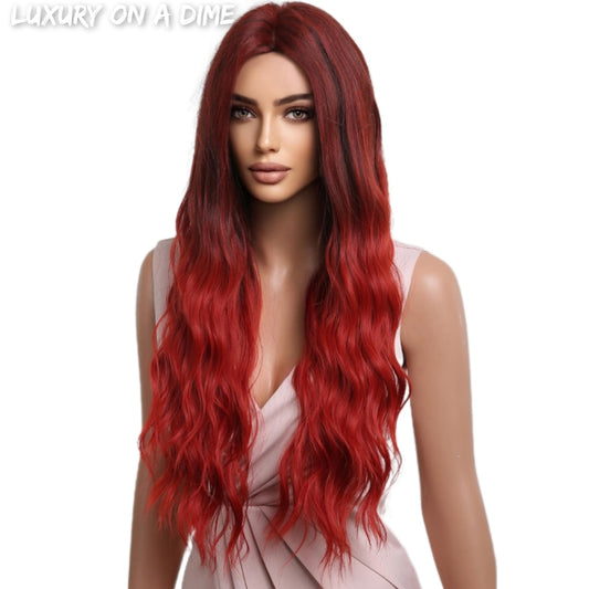 Red Ombre Long Wavy 27" Synthetic Hair Wig 13x1" Lace Front Capless-Cap Adjustable Tabs
