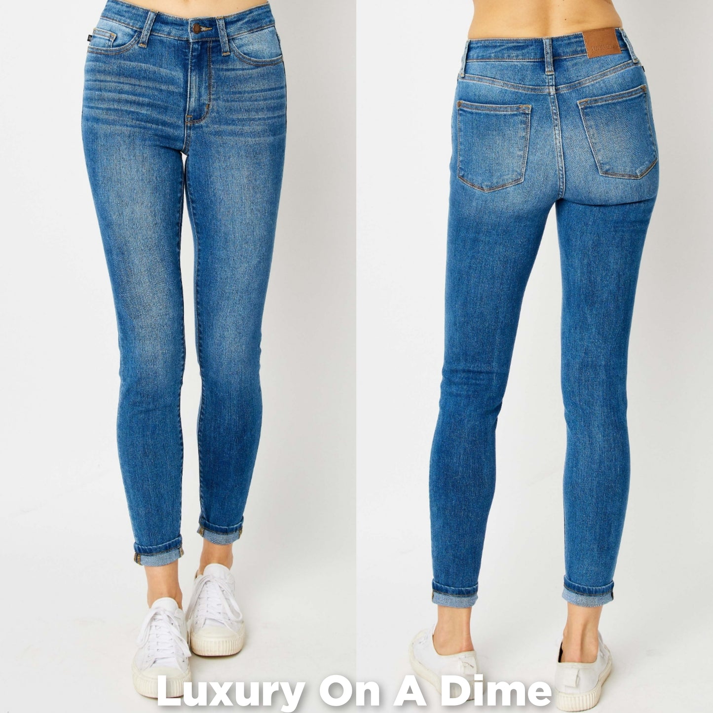 Skinny Stretch Slim Mid-Rise Denim Pants Cuffed Hem Judy Blue Jeans