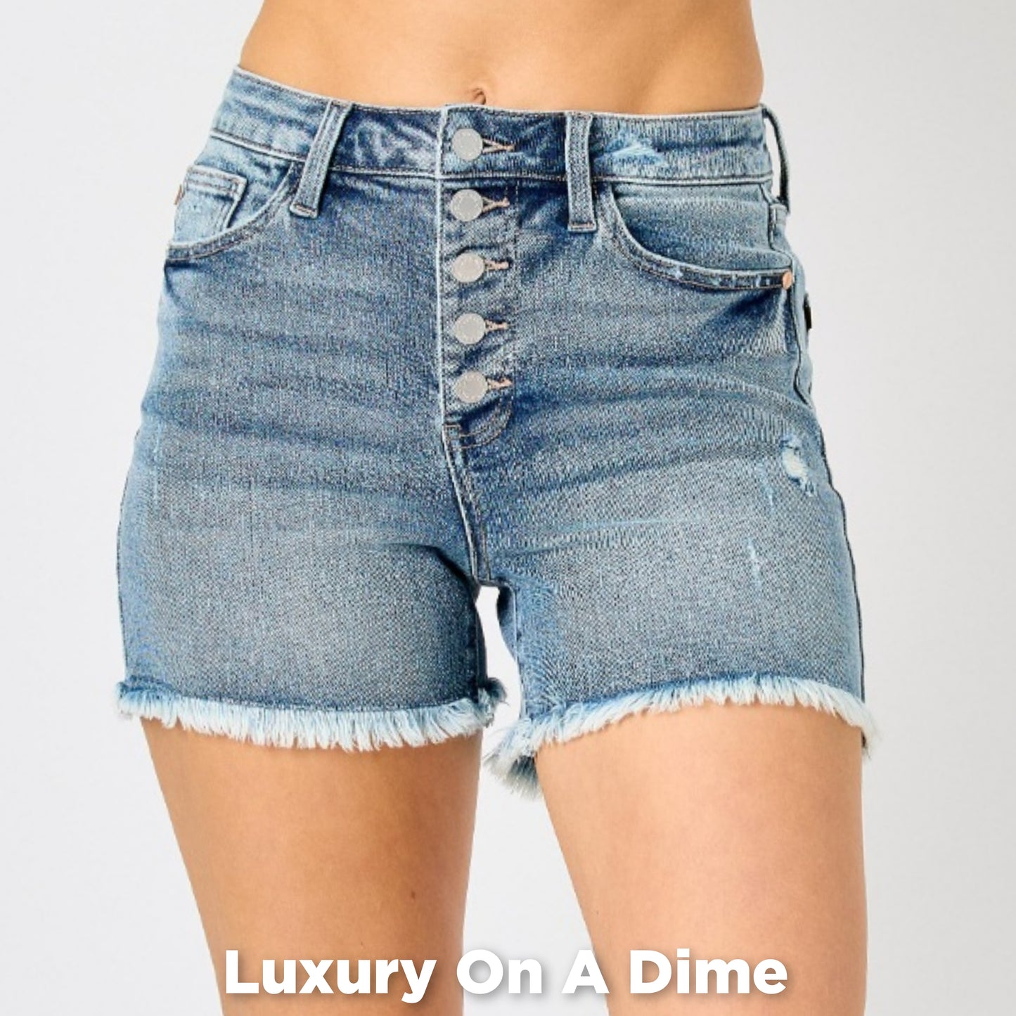 Distressed High Rise Button Fly Denim Jean Shorts Frayed Cut-Off Judy Blue