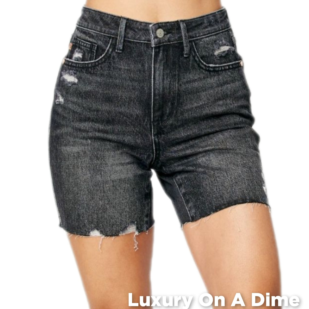 High Rise Tummy Control Denim Slim Black Distressed Frayed Jean Shorts Judy Blue