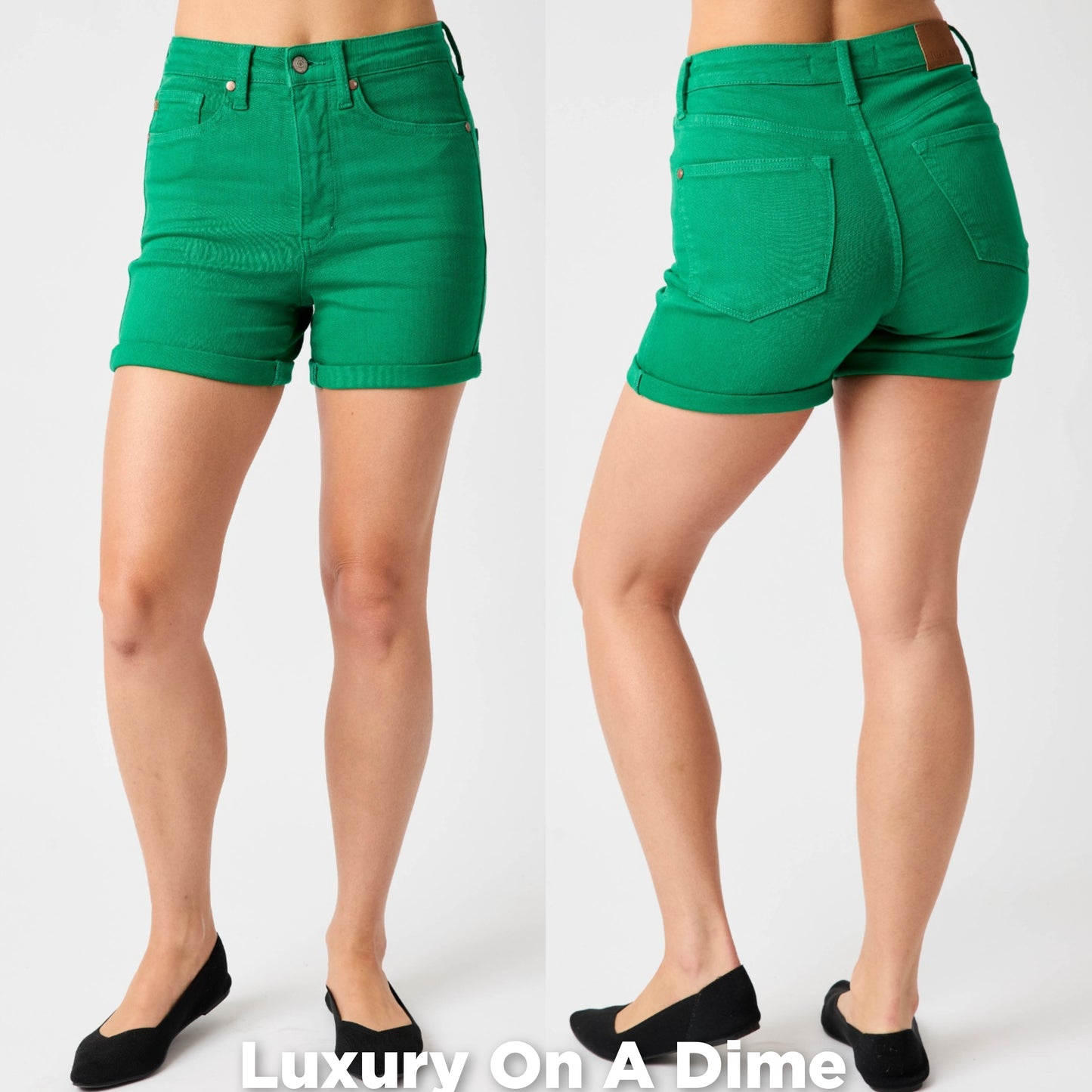 High Rise Tummy Control Slim Leg Rolled Cuff Green Denim Shorts Jean Judy Blue