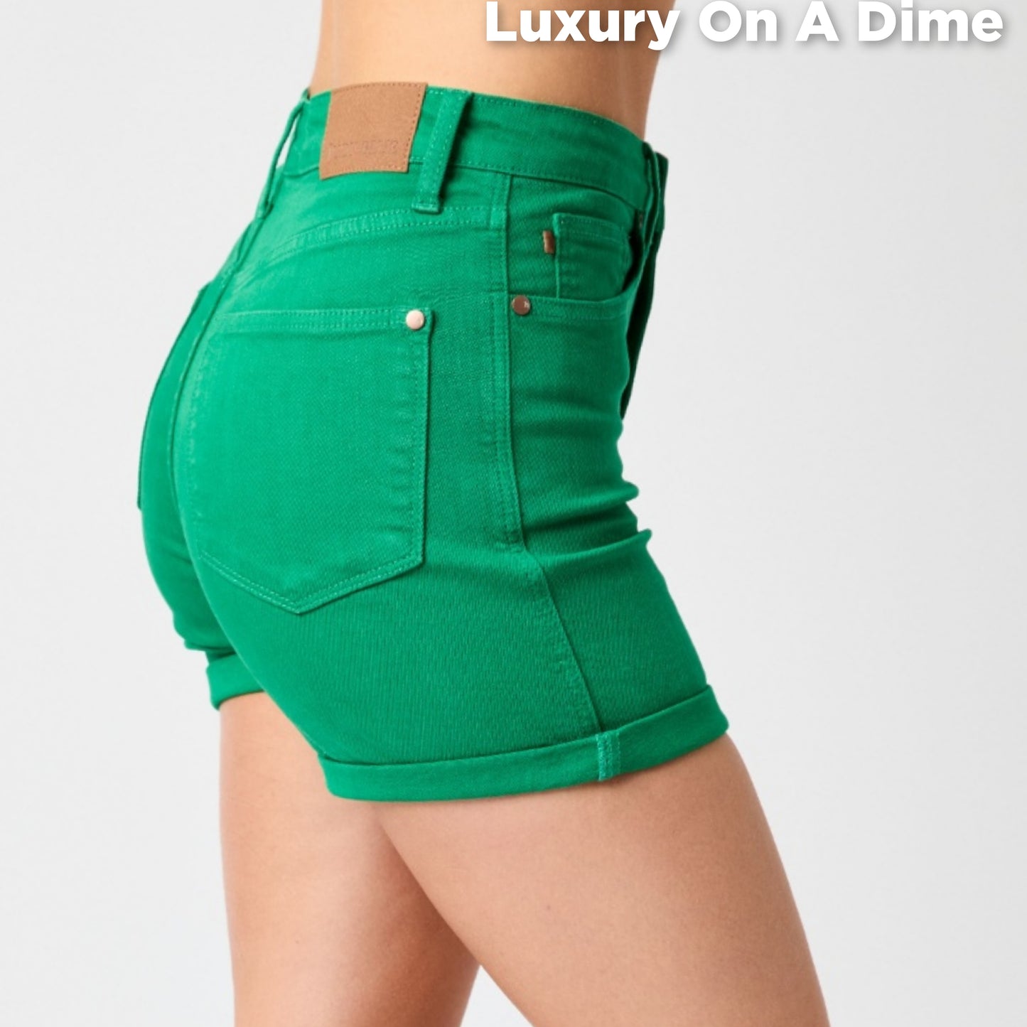 High Rise Tummy Control Slim Leg Rolled Cuff Green Denim Shorts Jean Judy Blue