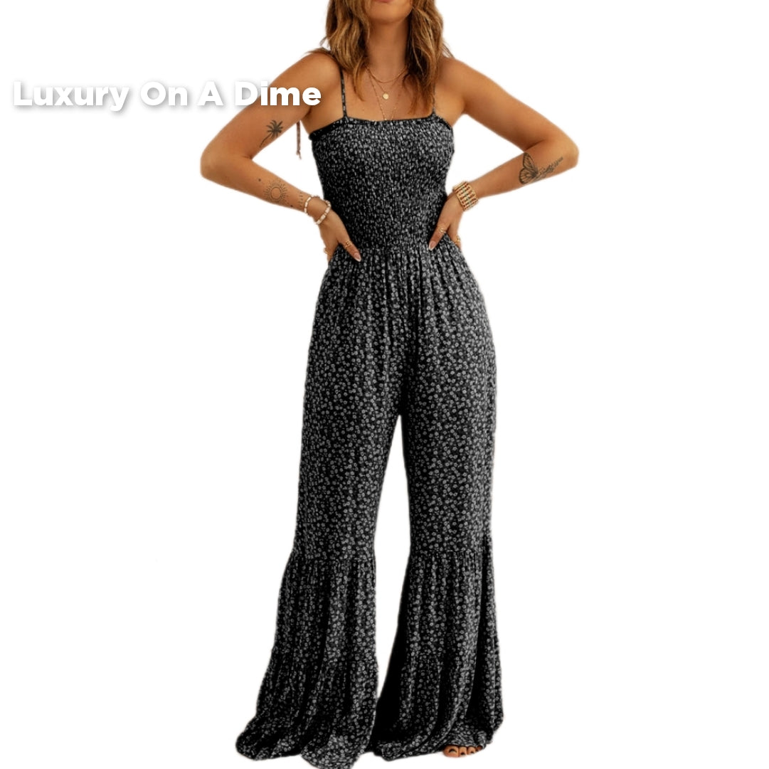 Retro Hippie Pant One-piece Smocked Tiered Wide Leg Bell Bottom Jumpsuit