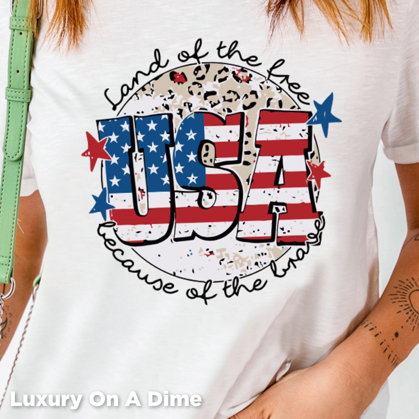American Because of the Brave USA Leopard Graphic Top Cuffed Short Sleeve Shirt